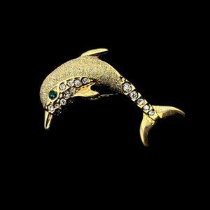 Vintage Dolphin Swarovski Crystal Brooch 18K Gold Electroplate Designer Marks